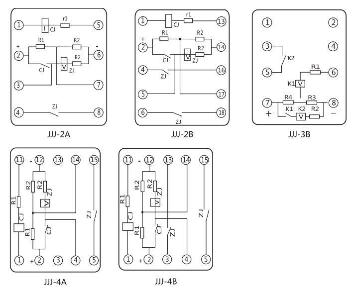 JJJ-3B直流絕緣監視繼電器內部端子外引接線圖 JJJ-3B直流絕緣監視繼電器內部端子外引接線圖
