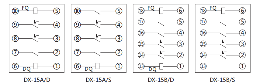 DX-15B/S信號繼電器內部接線及外引接線圖 DX-15B/S信號繼電器內部接線及外引接線圖