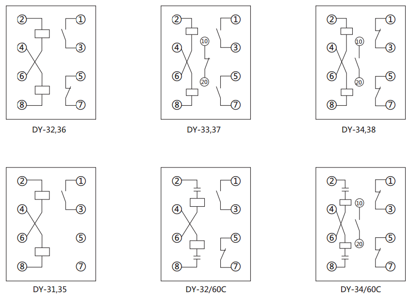 DY-35電壓繼電器內(nèi)部接線圖及外引接線圖(背視圖) DY-35電壓繼電器內(nèi)部接線圖及外引接線圖(背視圖)